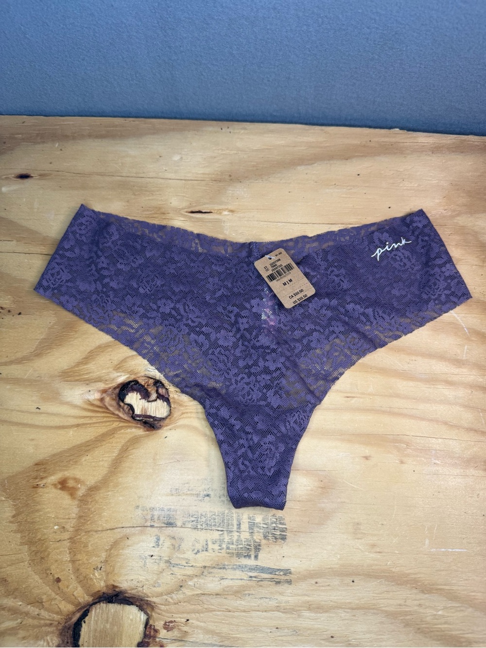PINK Victoria's Secret Purple Floral Lace Thong Panties M Stretch Logo